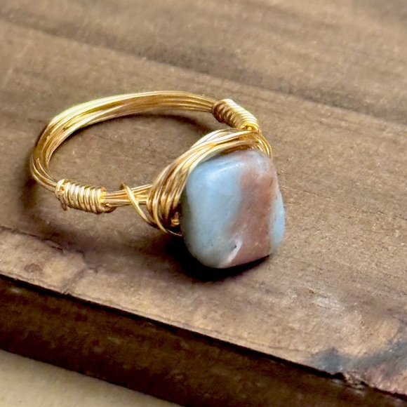 Gold Wire Wrapped Amazonite Stone Ring7,8,9 - Picture 1 of 2